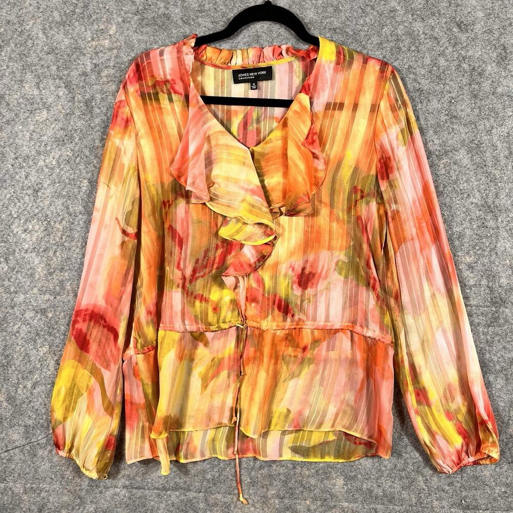 JONES‎ NEW YORK Blouse Womens Size 10 Top Floral Long Sleeve Sport Sheer